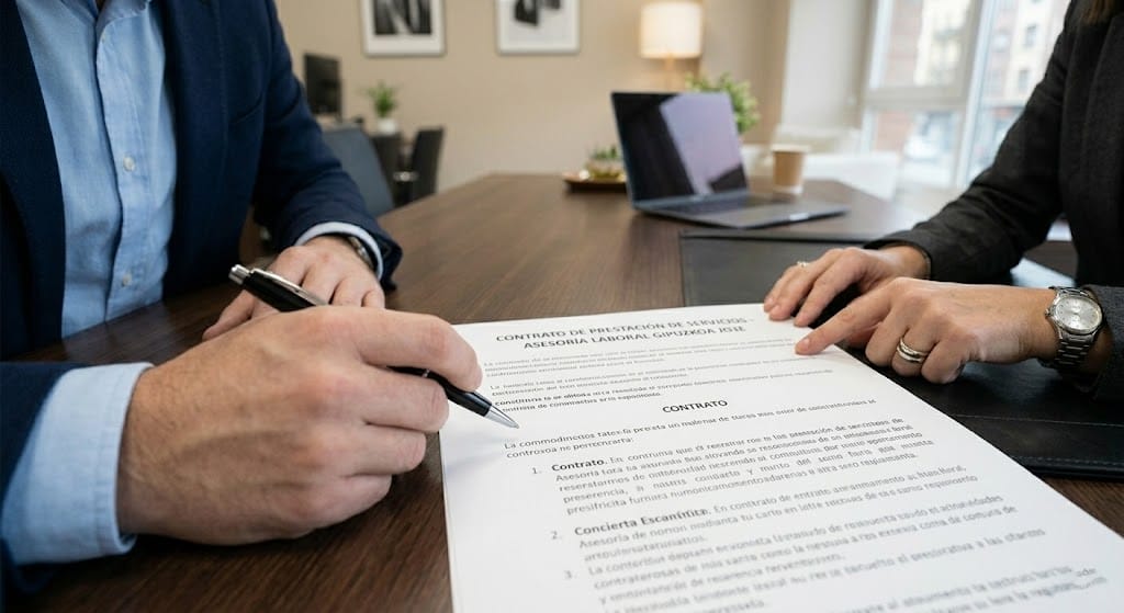 Asesores de Adarzuri revisando un contrato laboral en Gipuzkoa con un cliente